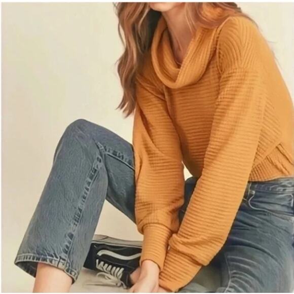 Free People Juicy Long Sleeve Cowl Neck Oversized Camel Thermal Top, Size S - Picture 7 of 7